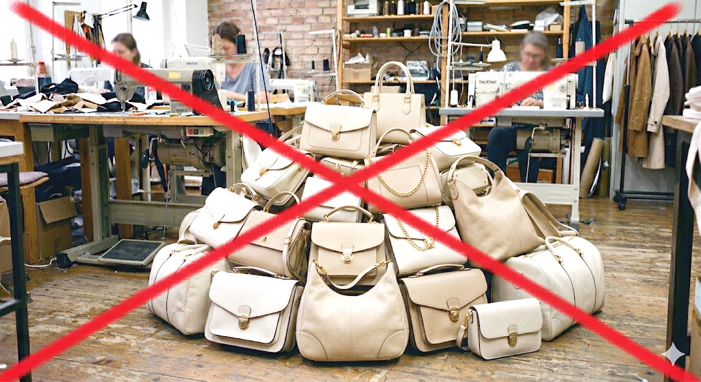 Ein großer Haufen identischer beiger Handtaschen in einer industriellen Näherei, der mit einem großen roten Kreuz durchgestrichen ist, um den Kontrast zwischen Massenproduktion und exklusiven Unikaten zu verdeutlichen.