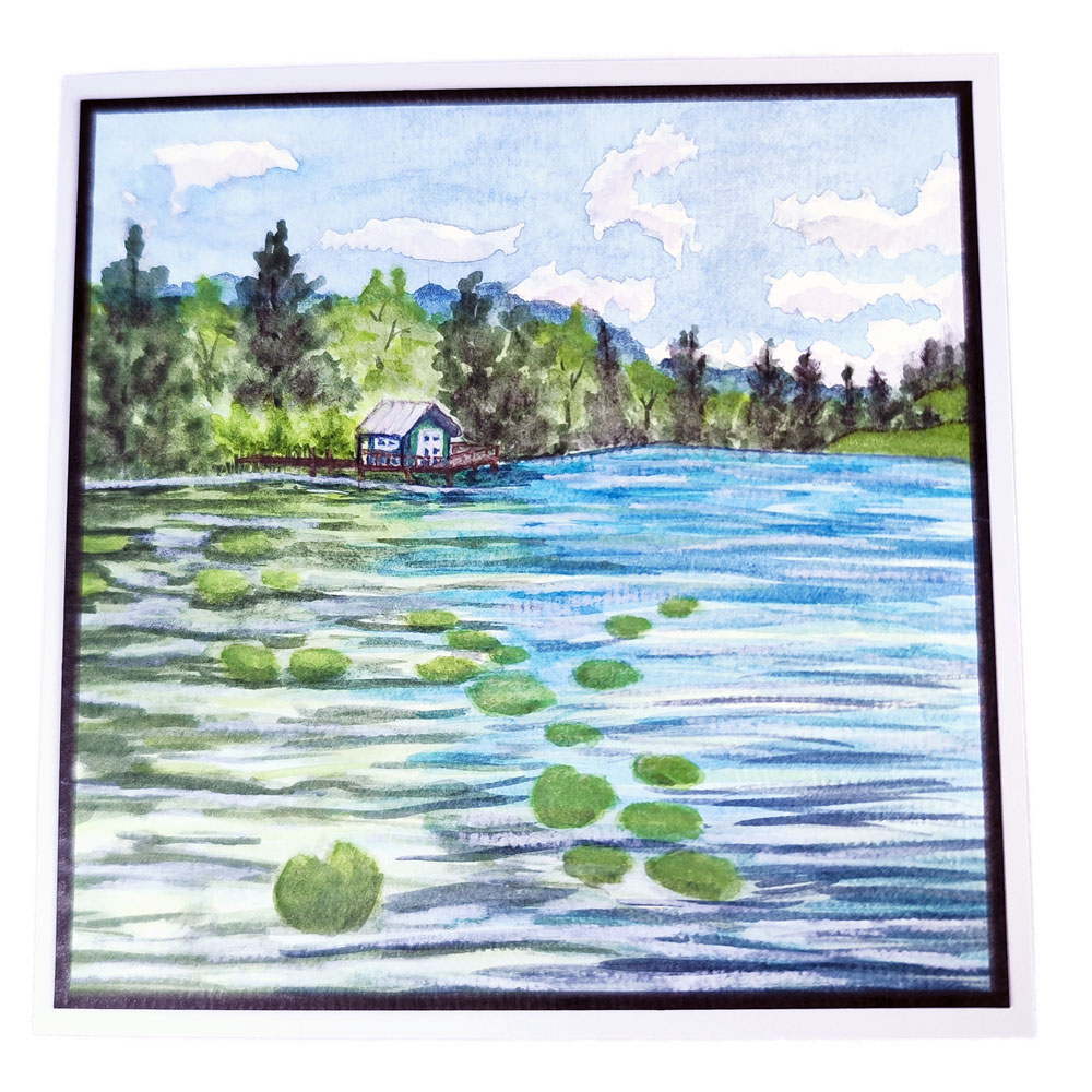 Handgemalte Aquarell Grußkarte Bootshaus am See – Bild 3