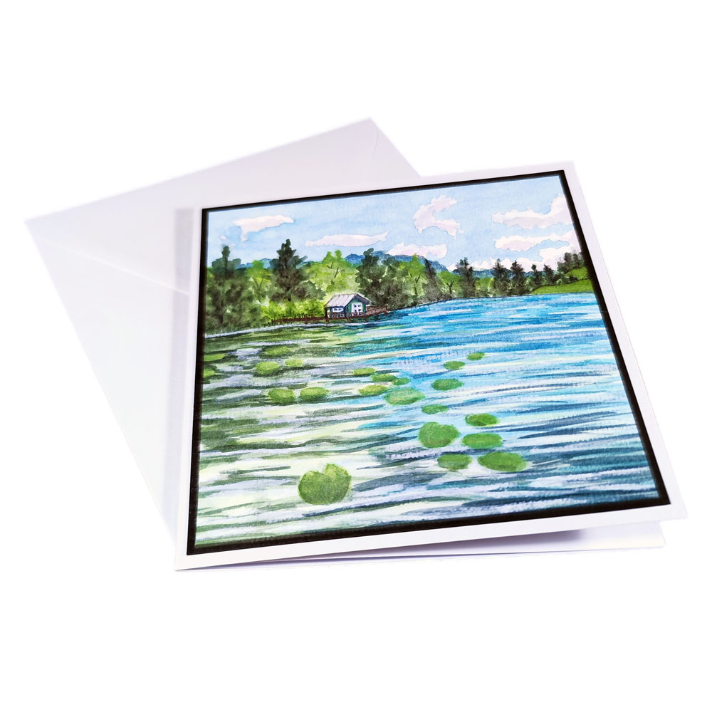 Handgemalte Aquarell Grußkarte Bootshaus am See – Bild 2