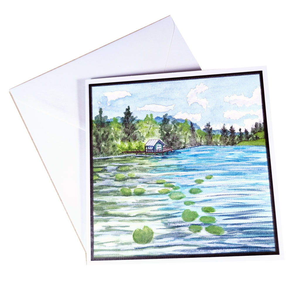 Handgemalte Aquarell Grußkarte Bootshaus am See