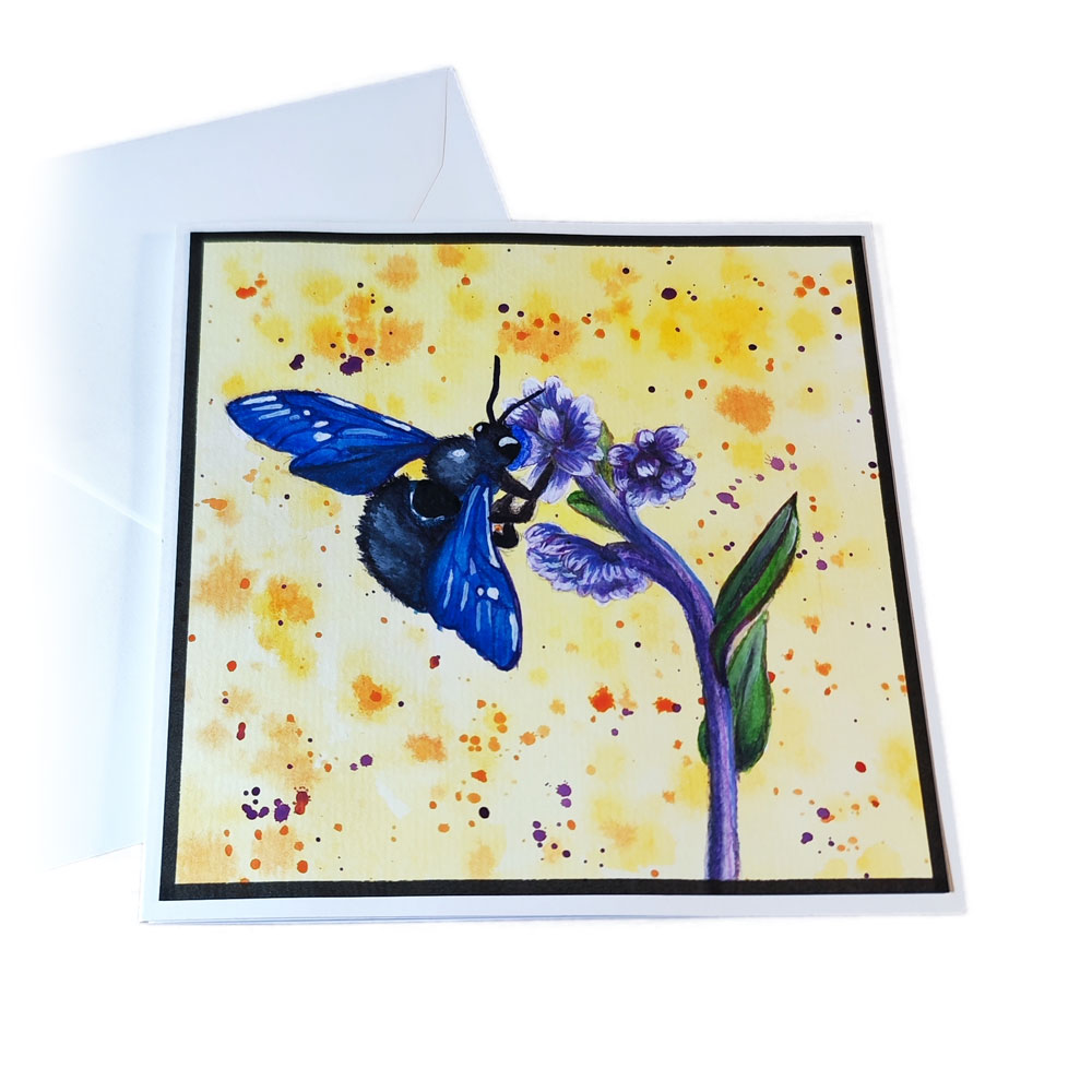 Handgemalte Aquarell Grußkarte Blaue Holzbiene Indigo
