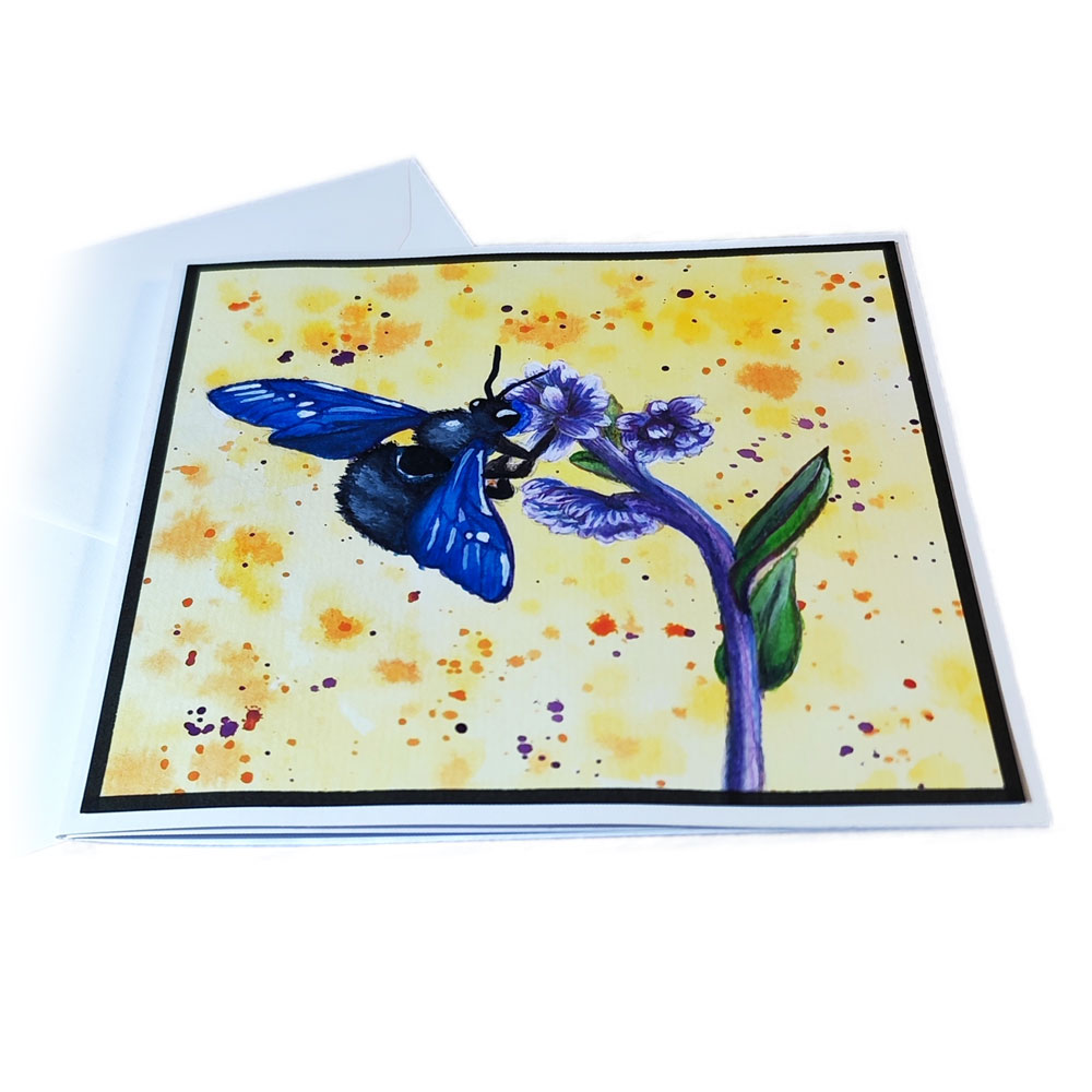 Handgemalte Aquarell Grußkarte Blaue Holzbiene Indigo – Bild 2