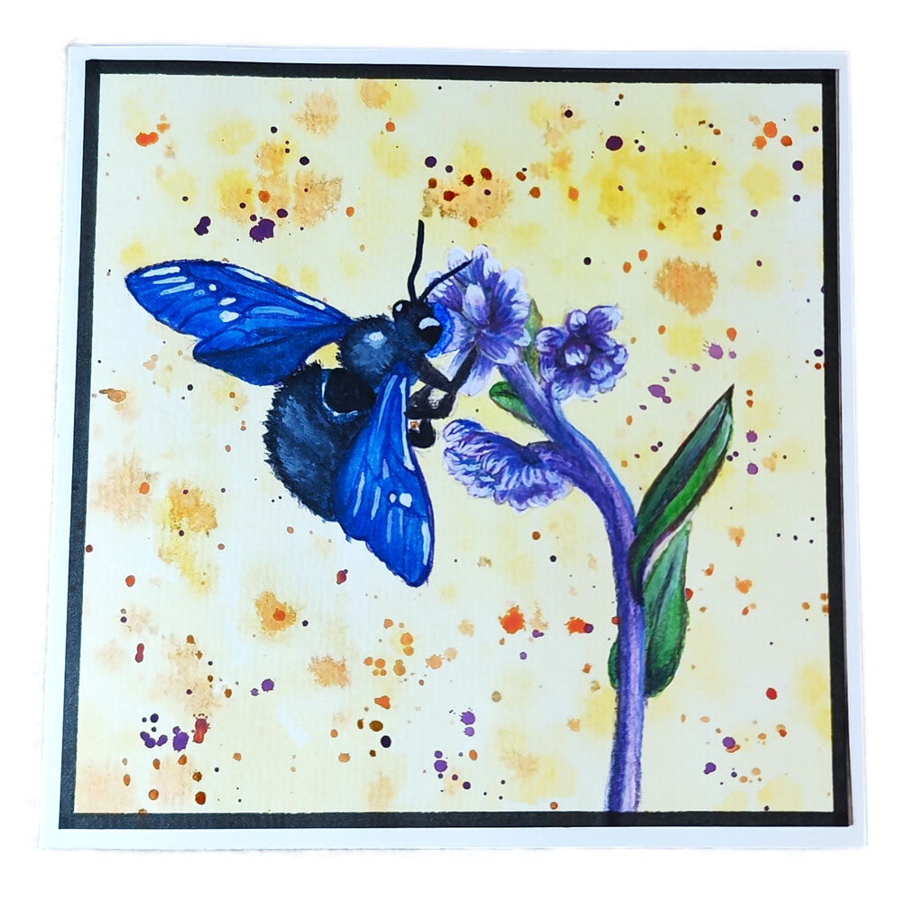 Handgemalte Aquarell Grußkarte Blaue Holzbiene Indigo – Bild 3