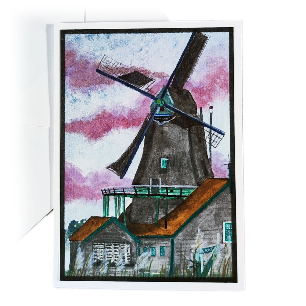 Handgemalte Aquarell Grußkarte Windmühle