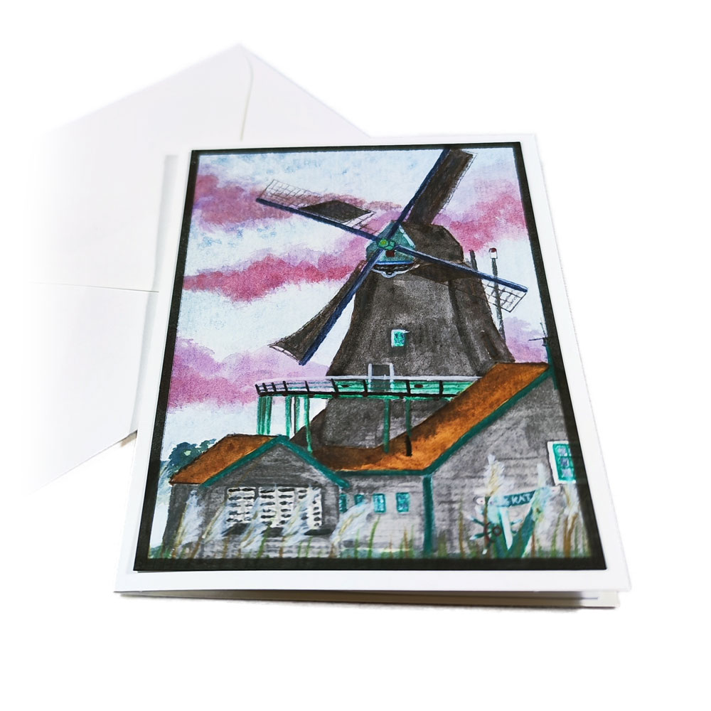 Handgemalte Aquarell Grußkarte Windmühle – Bild 2