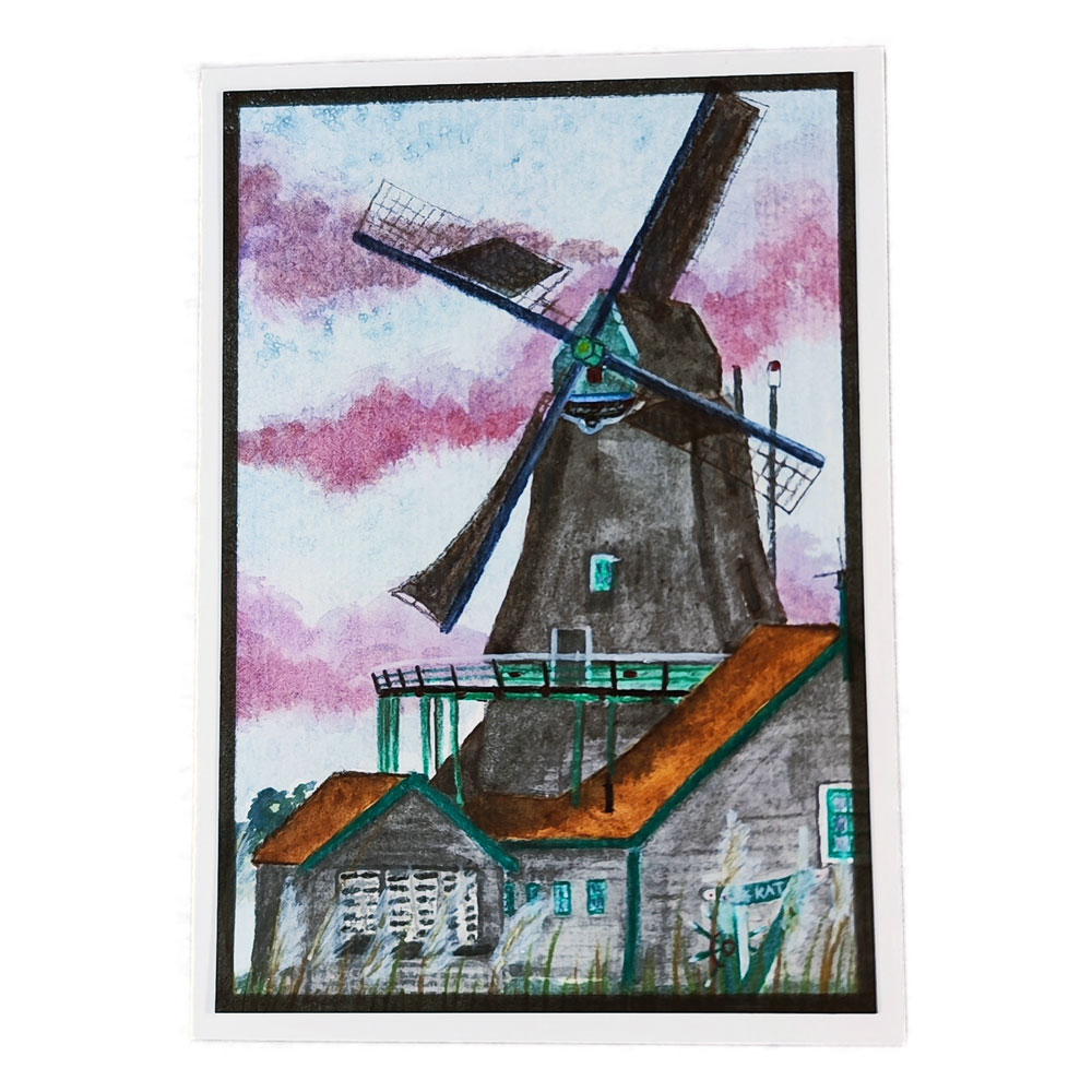 Handgemalte Aquarell Grußkarte Windmühle – Bild 3