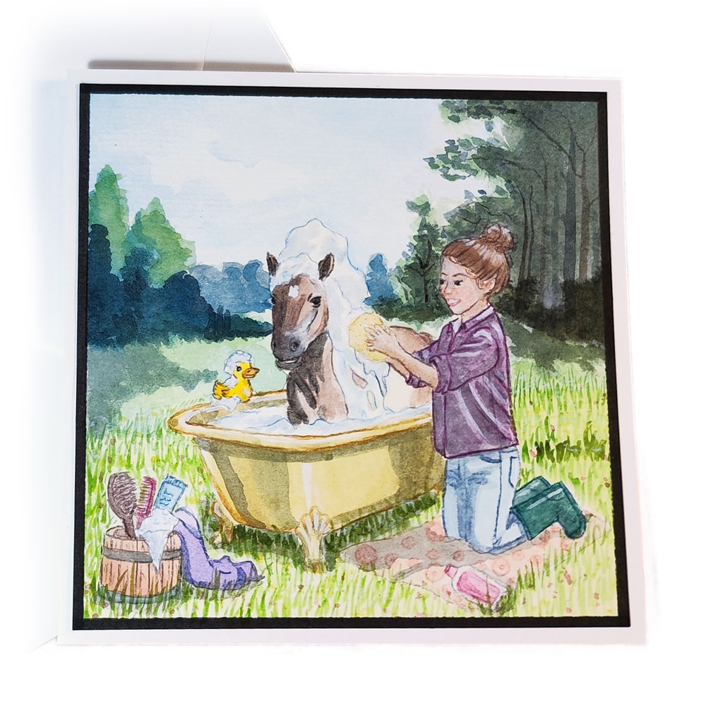 Handgemalte Aquarell-Grußkarte Paula wäscht Pony auf der Weide
