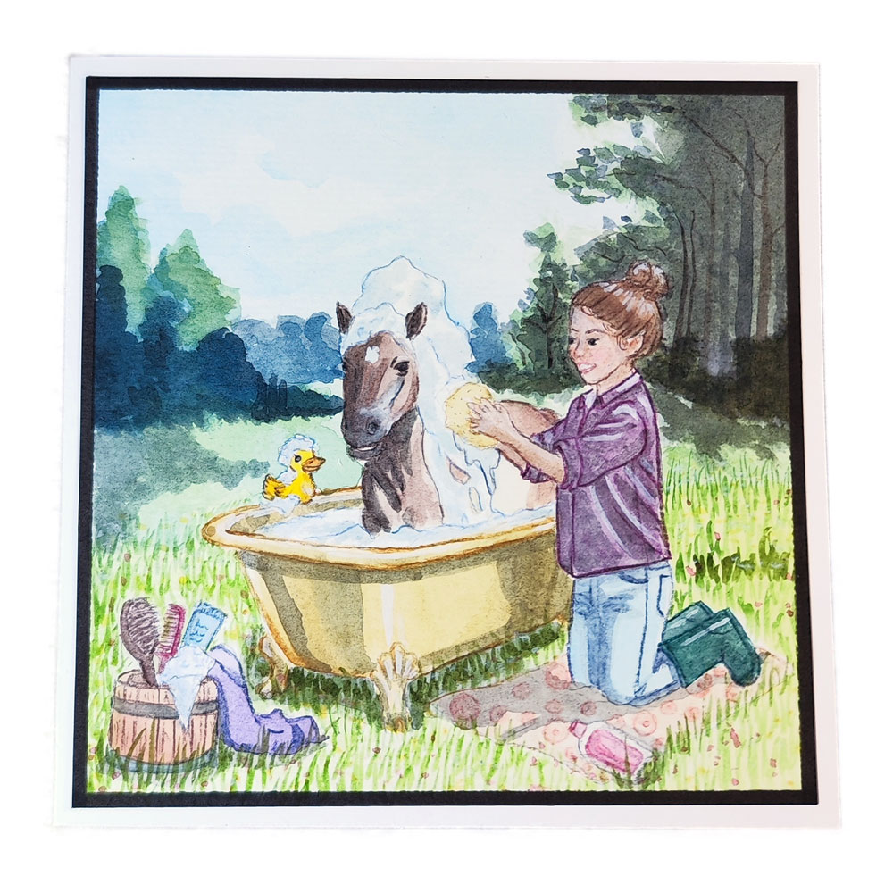 Handgemalte Aquarell-Grußkarte Paula wäscht Pony auf der Weide – Bild 3